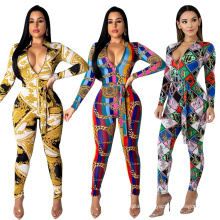 C3766 Sexy zip up v neck long sleeve digital printing belt fashion woman slim jumpsuit